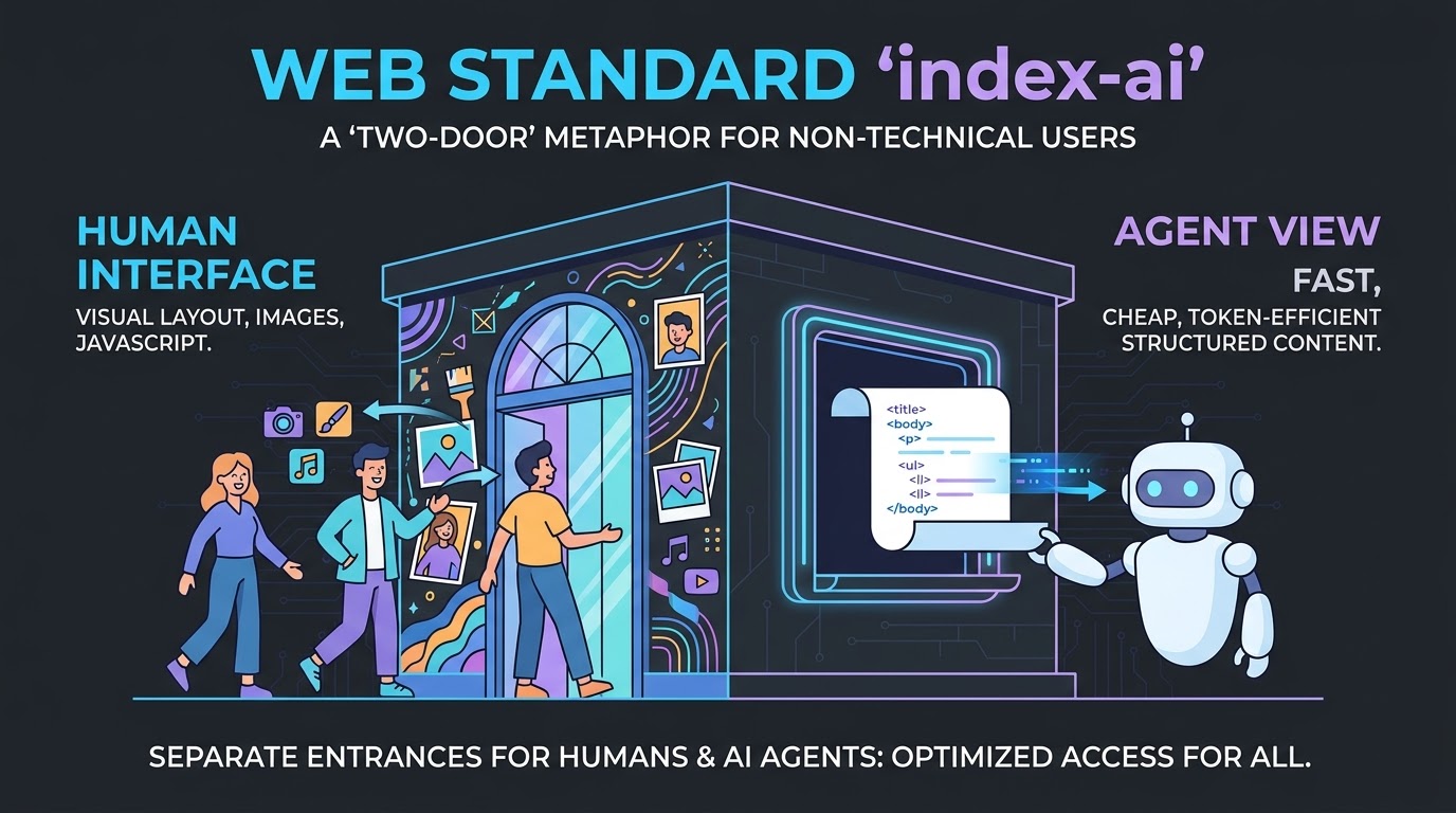 index-ai visual metaphor — one site, two interfaces: the human page and the agent view